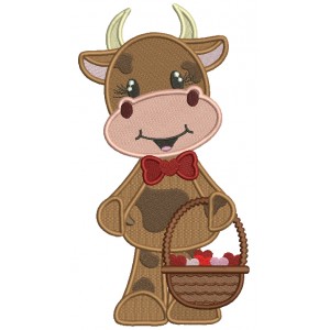 Cute Little Cow Holding Basket Full Of Hearts Filled Valentine's Day Machine Embroidery Design Digitized Pattern
