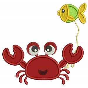 Cute Little Crab Holding a Fish Applique Machine Embroidery Design Digitized Pattern