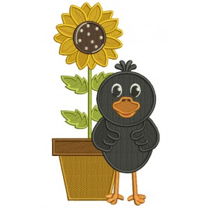 Cute Little Crow With a Sunflower Filled Machine Embroidery Design Digitized Pattern