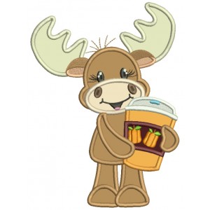 Cute Moose Holding Coffee Cup With Pumpkins Fall Applique Thanksgiving Machine Embroidery Design Digitized Pattern