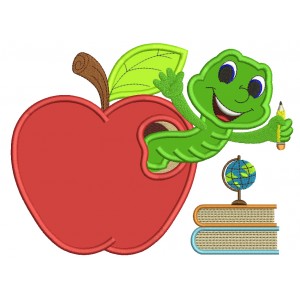 Cute Smiling Worm Inside With Books Inside Apple School Applique Machine Embroidery Design Digitized Pattern
