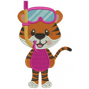 Cute Tiger Boy Ready With Snorkeling Mask In The Pool Summer Filled Machine Embroidery Design Digitized Pattern