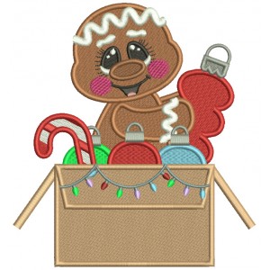 Gingerbread Man Sitting In The Box Holding Christmas Decorations Filled Machine Embroidery Design Digitized Pattern