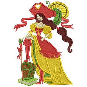 Girl Pirate With Her Boot On a Treasure Chest Filled Machine Embroidery Design Digitized Pattern