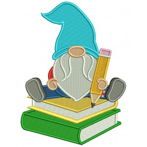 Gnome Holding Pencil Sitting On Books School Filled Machine Embroidery Design Digitized Pattern