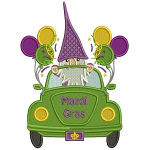 Gnome In The Car With Balloons Mardi Gras Filled Machine Embroidery Design Digitized Pattern