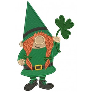Gnome WIth a Big Pointy Hat Holding Shamrock St.Patrick's Day Filled Machine Embroidery Design Digitized Pattern 
