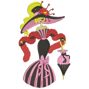 Lady With a Fancy Hat And Umbrella Filled Machine Embroidery Design Digitized Pattern