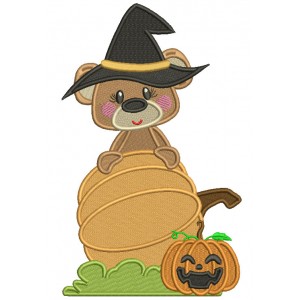Little Bear Wearing Witch Hat Standing Behind Pumpkin Halloween Filled Machine Embroidery Design Digitized Pattern