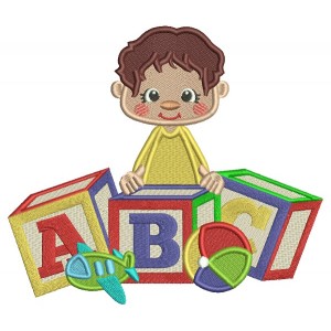 Little Boy Sitting With ABC Blocks School Filled Machine Embroidery Design Digitized Pattern