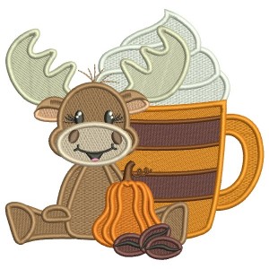 Moose With a Big Coffee Cup Fall Filled Thanksgiving Machine Embroidery Design Digitized Pattern