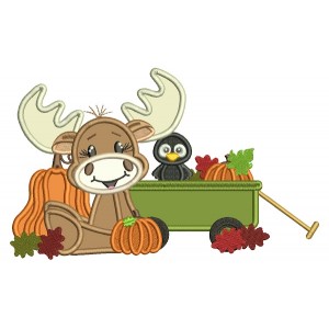 Moose and a Bird At The Pumpkin Patch Fall Thanksgiving Applique Machine Embroidery Design Digitized Pattern