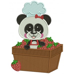 Panda Bear Sitting INside Basket With Strawberries Filled Machine Embroidery Design Digitized Pattern