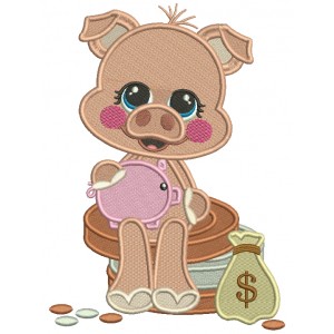 Piggy Sitting On Coins Filled Machine Embroidery Design Digitized Pattern