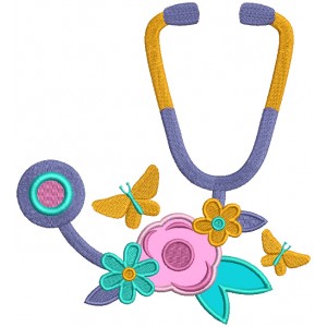 Stethoscope WIth Flowers And Butterflies Medical Applique Machine Embroidery Design Digitized Pattern