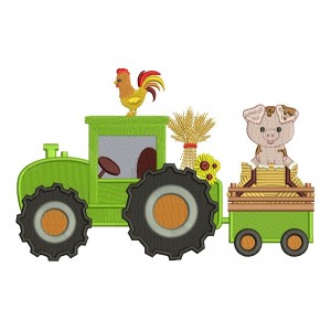 Tractor With a Piggy And Rooster Fall Filled Thanksgiving Machine Embroidery Design Digitized Pattern