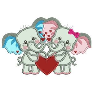 Two Cute Baby Elephants Holding a Hearts Applique Valentine's Day Machine Embroidery Design Digitized Pattern