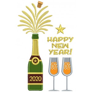 2020 Happy New Year Champagne Glasses Applique Machine Embroidery Design Digitized Pattern