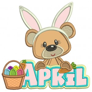 April Bear Wearing Bunny Ears Easter Applique Machine Embroidery Design Digitized Pattern
