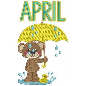 April Little Bear Holding Umbrella Filled Machine Embroidery Design Digitized Pattern 