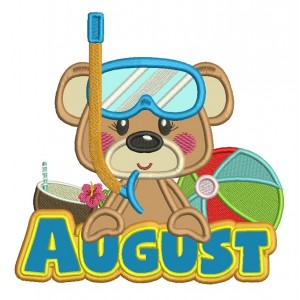 August Bear With Beach Ball Summer Applique Machine Embroidery Design Digitized Pattern