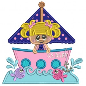 Baby Girl Pig Sailor On a Big Ship Applique Machine Embroidery Design Digitized Pattern