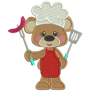 Bear Cook Holding a Sausage Filled Machine Embroidery Design Digitized Pattern