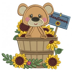 Bear Sitting Inside The Basket With Sunflowers Fall Applique Machine Embroidery Design Digitized Pattern