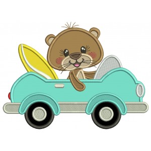 Bear Surfer Driving The Car Applique Machine Embroidery Design Digitized Pattern