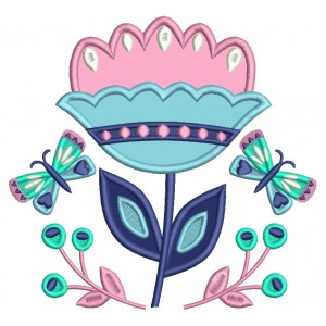 Big Flower And Butterflies Applique Machine Embroidery Design Digitized Pattern