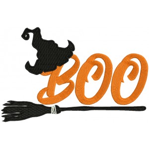 Boo Witch Hat On The Broom Halloween Filled Machine Embroidery Design Digitized Pattern