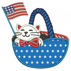 Cat Sitting In The Basket With American Flag Patriotic 4th Of July Applique Machine Embroidery Design Digitized Pattern