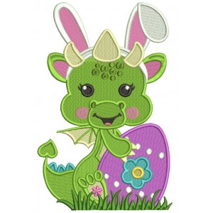 Cute Baby Dragon With Bunny Ears Holding Easter Egg Filled Machine Embroidery Design Digitized Pattern 