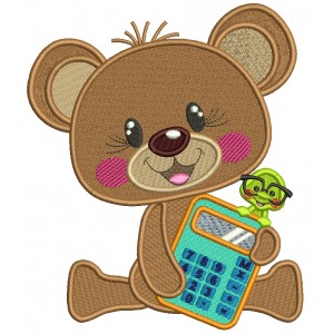Cute Bear Holding Calculator School Filled Machine Embroidery Design Digitized Pattern