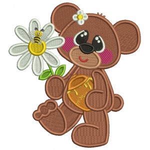 Cute Bear Holding Pot of Honey And a Flower With a Bee Filled Machine Embroidery Design Digitized Pattern