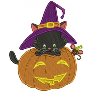 Cute Cat Wearing Huge Witch's Hat Sitting Inside a Pumpkin Halloween Filled Machine Embroidery Design Digitized Pattern