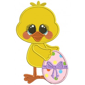 Cute Chick Holding Beautiful Easter Egg With The Bow Applique Machine Embroidery Design Digitized Pattern 
