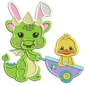 Cute Dragon Wearing Bunny Ears Driving Little Chick On a Garden Wagon Easter Applique Machine Embroidery Design Digitized Pattern 
