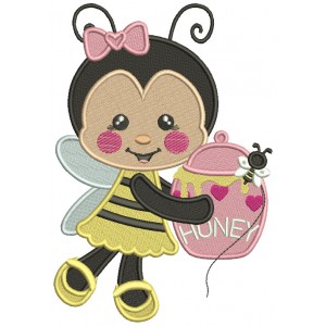 Cute Girl Bee Holding Jar With Honey Valentine's Day Filled Machine Embroidery Design Digitized Pattern