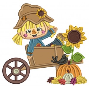 Cute Girl Scarecrow Sitting On The Wagon With Pumpkins And Sunflower Fall Applique Machine Embroidery Design Digitized Pattern