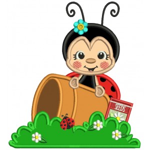 Cute Ladybug Gardner With a Flower Pot and Bag of Flower Seeds Applique Machine Embroidery Design Digitized Pattern