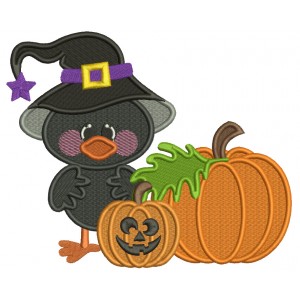 Cute Littel Crow Wizard WIth Pumpkins Halloween Filled Machine Embroidery Design Digitized Pattern