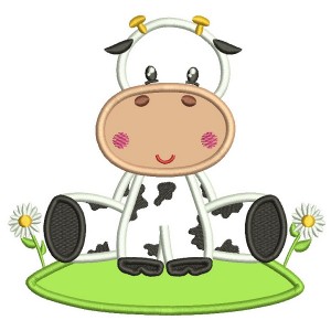 Cute Little Cow Sitting On The Grass With Flowers Applique Machine Embroidery Design Digitized Pattern