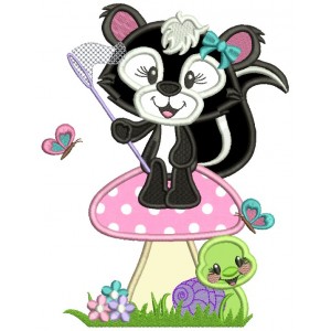 Cute Little Girl Skunk Standing On The Mushroom Applique Machine Embroidery Design Digitized Pattern