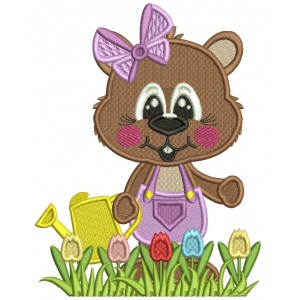 Cute Little Groundhog Gardner Wearing a Big Bow Filled Machine Embroidery Design Digitized Pattern