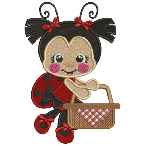Cute Little Ladybug Holding a Basket Filled Machine Embroidery Design Digitized Pattern