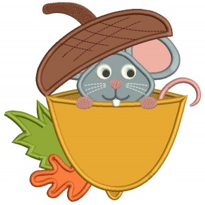 Cute Little Mouse Sitting Inside and Acorn Applique Machine Embroidery Design Digitized Pattern