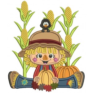 Cute Little Scarecrow Sitting In a Cornfield Holding a Pumpkin Applique Machine Embroidery Design Digitized Pattern