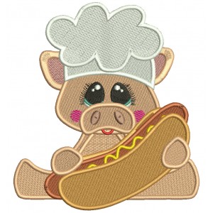 Cute Pig Chef Holding Hot Dog Patriotic 4th Of July Independence Day Filled Machine Embroidery Design Digitized Pattern