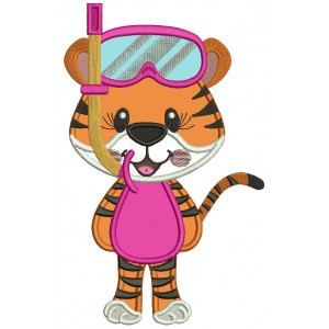 Cute Tiger Boy Ready With Snorkeling Mask In The Pool Summer Applique Machine Embroidery Design Digitized Pattern